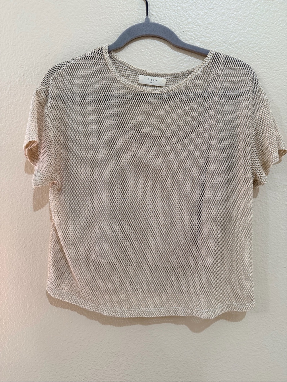 Elodie Mesh Knit Crop Top Beige Shiny Shimmer Overlay Short Sleeve Size S